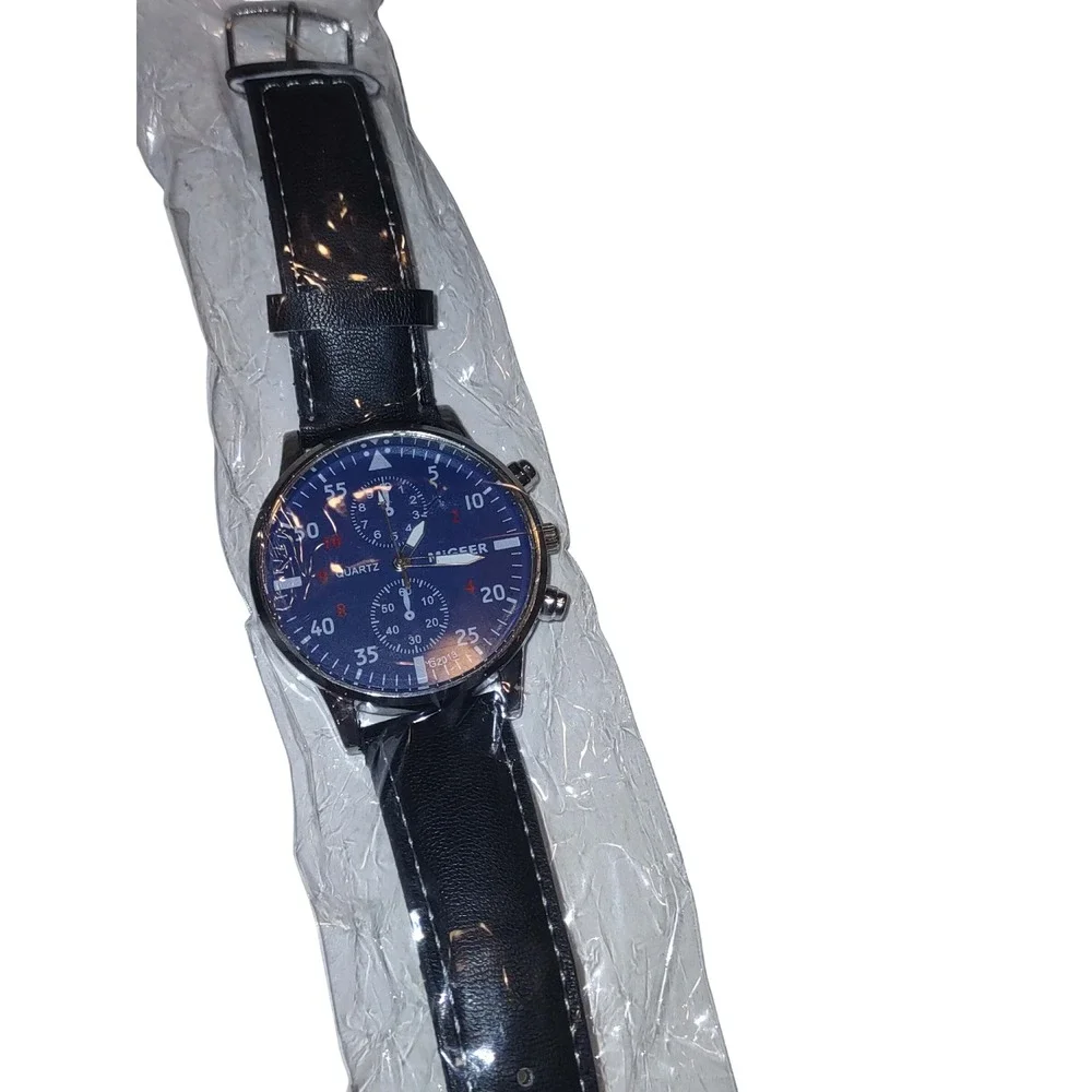 Migeer G2013 Mens Quartz Watch NEW Blue Dial Black Leather Band Silver Case